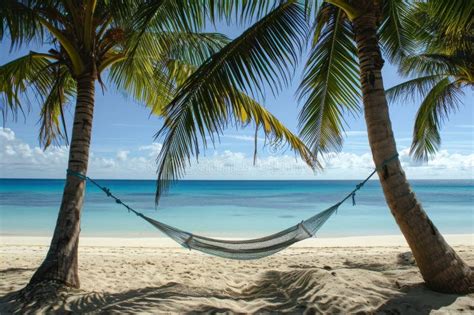 A Hammock Suspended Between Two Tall Palm Trees On A Sandy Beach