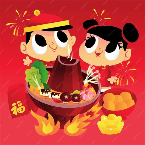 Premium Vector | Super cute chinese new year hot pot dinner