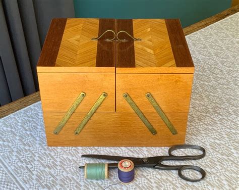 Vintage Large Wooden Box Folding Sewing Box Storage For Sewing