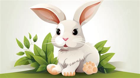 Cute White Rabbit Sitting In The Grass Holding A Leaf Background