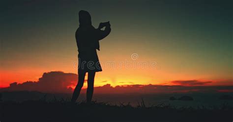 Girl Silhouette Walking Sunset Sky Ocean Nature Beauty Stock Footage ...