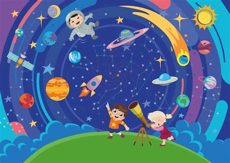 Premium Vector | Colouful poster of cute kids exploring the space ...