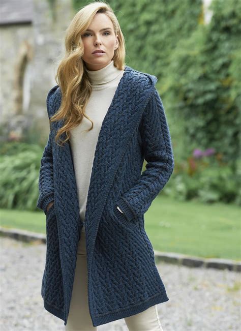 Aran Cable Knit Long Hooded Cardigan In Mallard Blue Blarney