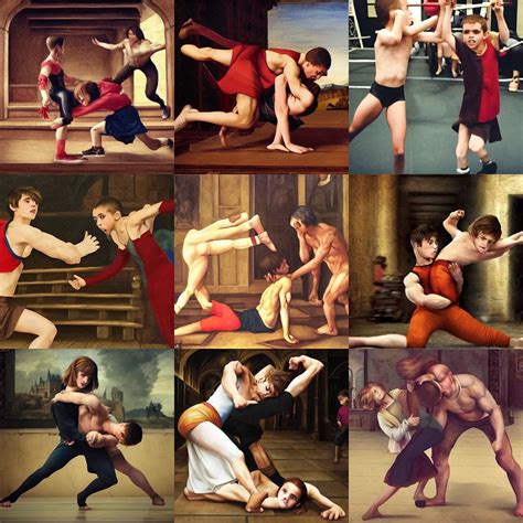 Emma Watson And Boy Harry Potter Wrestling In A Gym A Stable Diffusion