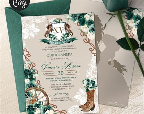 Emerald Green Floral Crest Charro Quincea Era Invitation Elegant Green