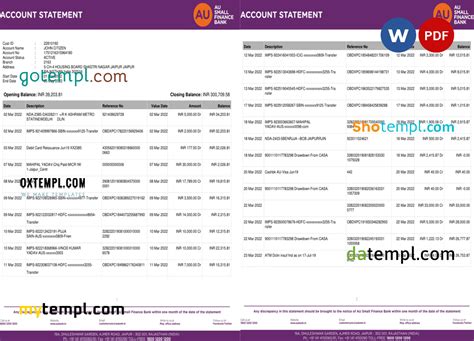 India Au Small Finance Bank Statement Word And Pdf Template Pages