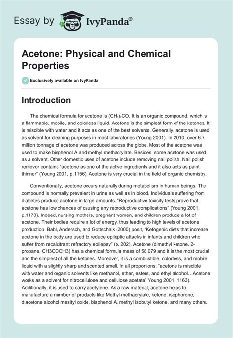 Acetone: Physical and Chemical Properties - 2200 Words | Essay Example