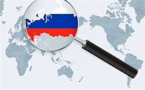 Asia centered world map with magnified glass on Russia. Focus on map of Russia on Pacific ...