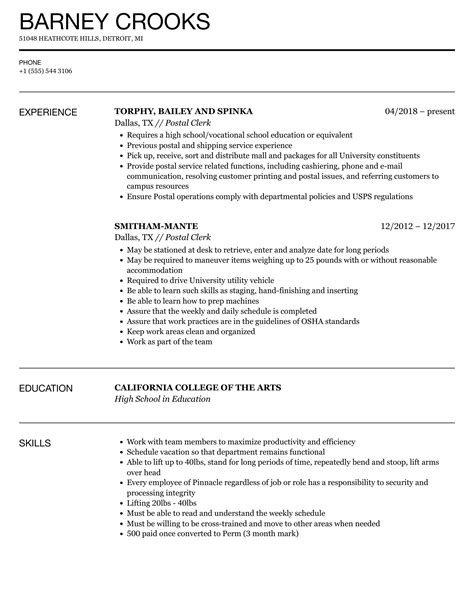 Postal Clerk Resume Samples Velvet Jobs