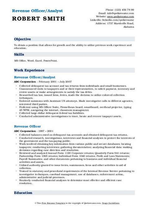 Revenue Officer Resume Samples QwikResume