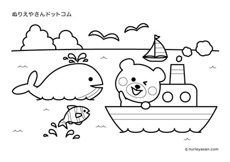 クマちゃん海のお散歩の塗り絵 ぬりえやさんドットコム