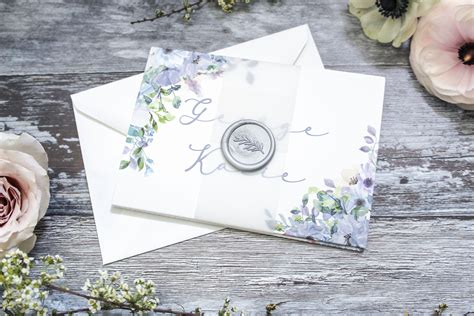 Dusty Blue Wedding Invitation With Vellum Belly Band And Wax Seal