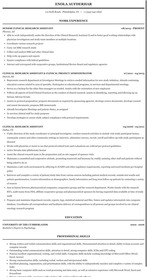 Clinical Research Assistant Resume Sample