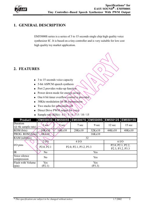 Em55007s Elan Microelectronics Corp Output Hoja De Datos Ficha