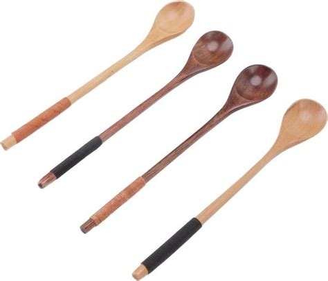 Lot De 4 Cuillères À Long Manche En Bois Pour Le Café Le Miel Remuer