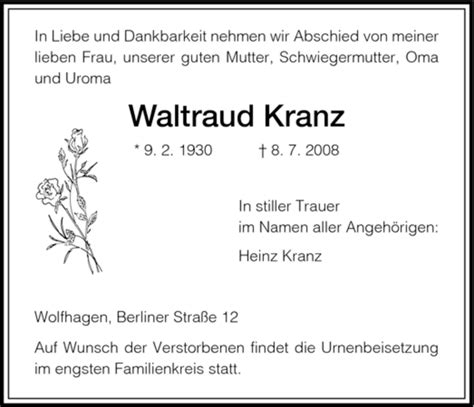 Traueranzeigen Von Waltraud Kranz Trauer HNA De