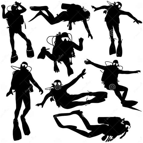 Set Black Silhouette Scuba Divers Vector Illustration Stock Vector