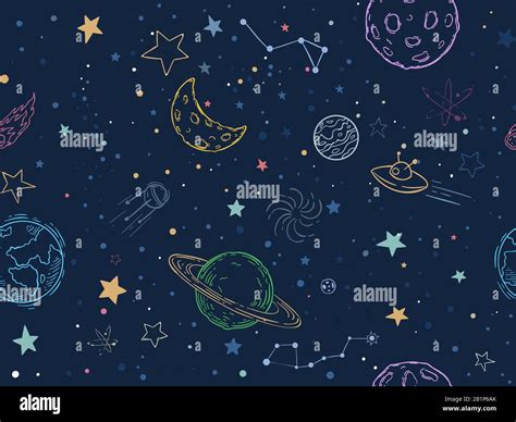 Color Seamless Space Pattern Hand Drawn Planets Cosmic Galaxy Texture And Doodle Moon Vector