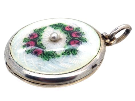 Edwardian Round Silver Enamel Roses Locket G The Antique