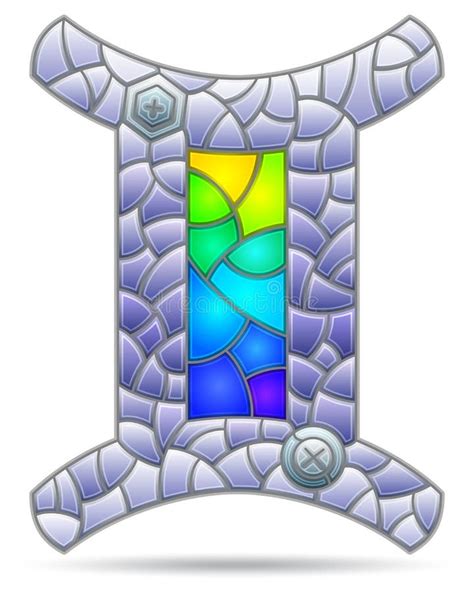 Stained Glass Illustration With A Of Zodiac Signs Gemini Figures Isolated On A White Background