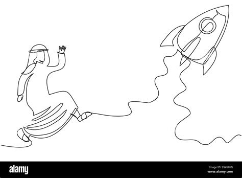 Single Continuous Line Drawing Arab Businessman Running Chasing Rocket