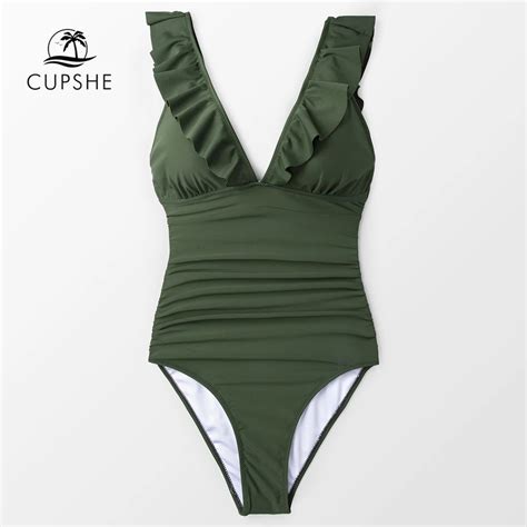 Buy Cupshe Solid Army Green Ruffled One Piece Swimsuit Women Sexy Lace Up