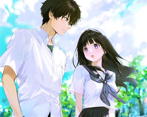 Black Hair Blush Brown Hair Chitanda Eru Clouds Green Eyes Hyouka Long Hair Male Mery Apfl0515