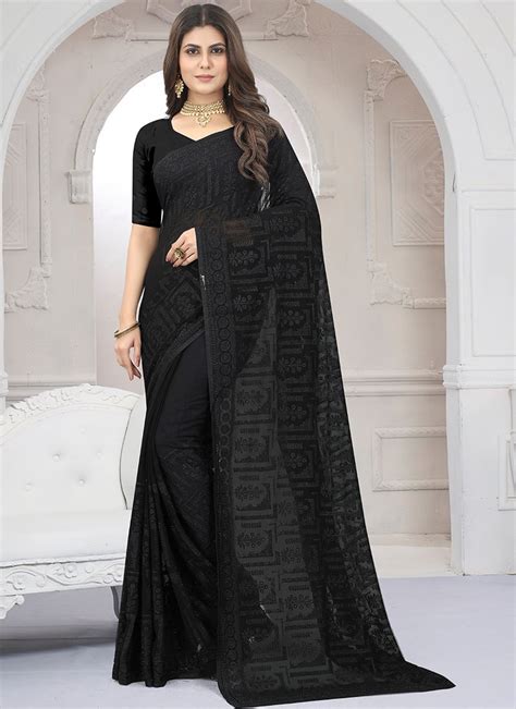 Buy Black Faux Georgette Embroidered Saree Party Wear Online At Best