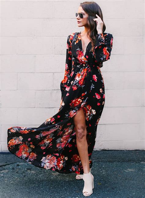 Spring Sexy Slit Floral Printing Long Sleeve V Neck Maxi Dress