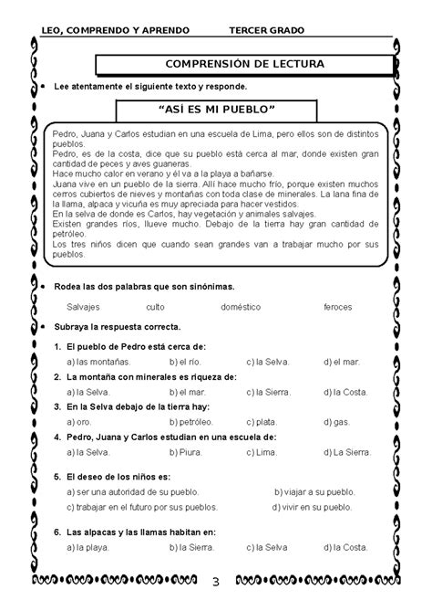 Examen de Comprensión Lectora 3º Grado Actividades y Preguntas Studocu