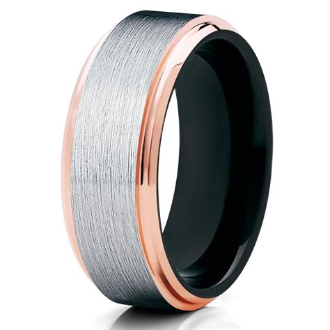 8mm Brushed Tungsten Carbide Wedding Band Rose Gold Stepped Edges Black