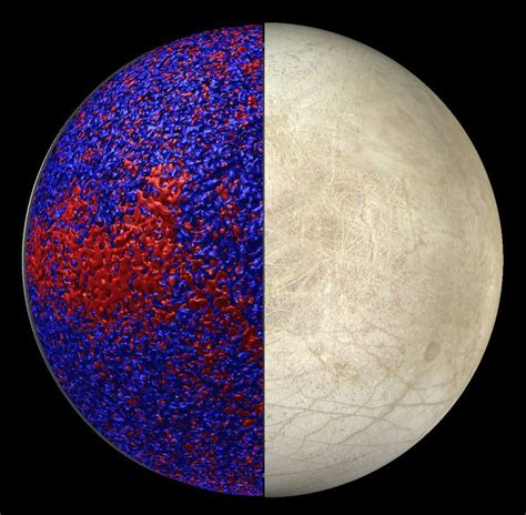 This rendering of Jupiter's icy moon Europa shows so-called isosurfaces of warmer (red) and ...