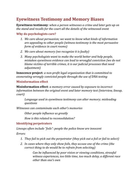 Eyewitness Testimony And Memory Biases Eyewitness Testimony And