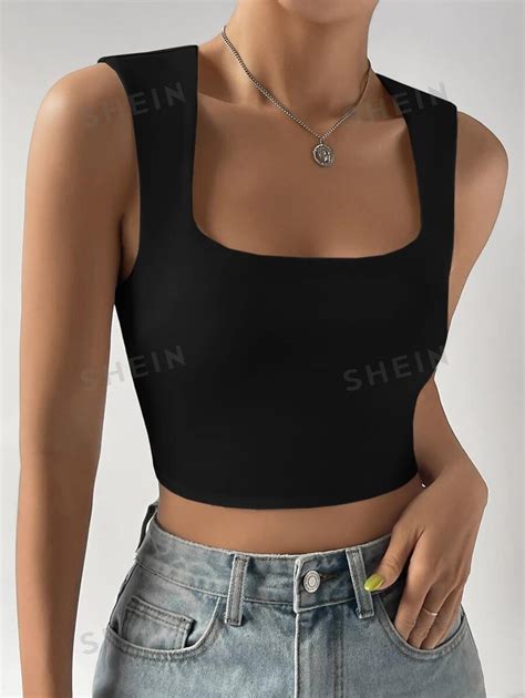 Shein Ezwear Top Corto De Tirantes Con Escote Cuadrado S Lido Y K Negro