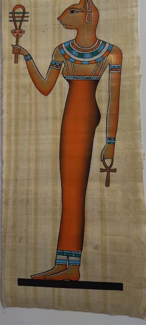 Vintage Hand Painted Papyrus Egyptian Goddess Bastet Etsy