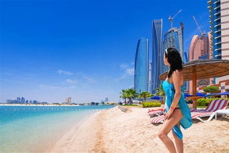 Beautiful Woman On A Hot UAE Beach In Abu Dhabi Stock Photo Image Of