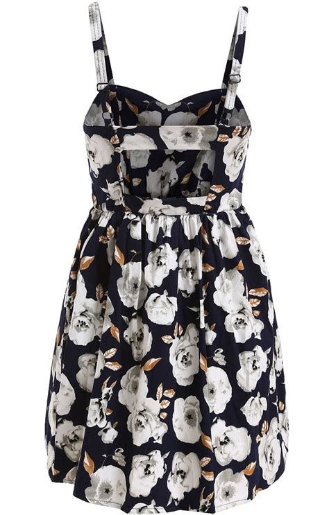 Navy Spaghetti Strap Floral Pleated Dress Shein Sheinside