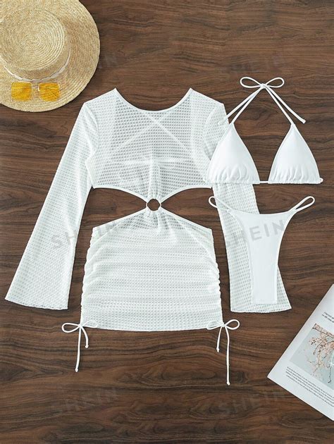 Shein Swim Sxy Summer Beach Halter Triangle Bikini Set With Cover Up