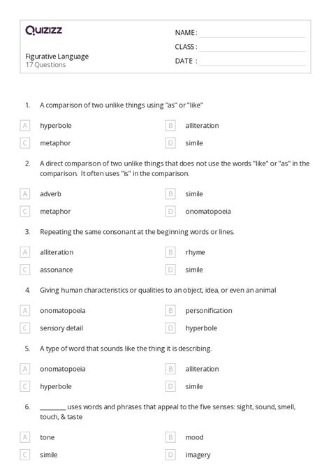 Figurative Language Worksheets For Th Grade On Quizizz Free