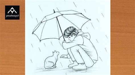 Boy drawing with umbrella || How to Draw a boy with cat drawing step by ...