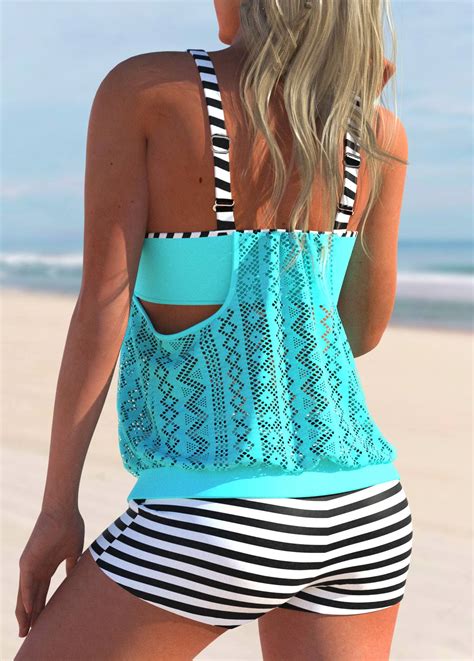 Lace Stitching Striped Cyan Tankini Set Usd 37 98