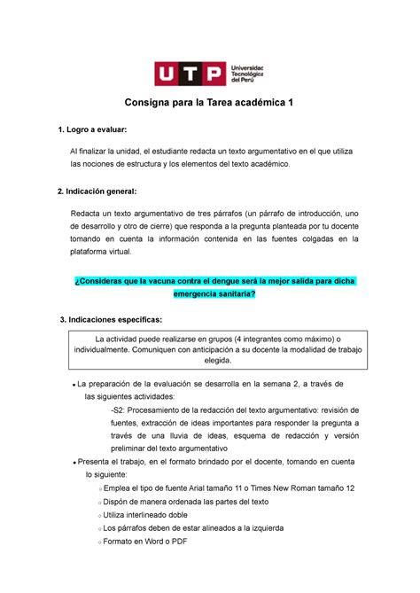 TA1 Redaccion I Consigna para la Tarea académica 1 1 Logro a evaluar