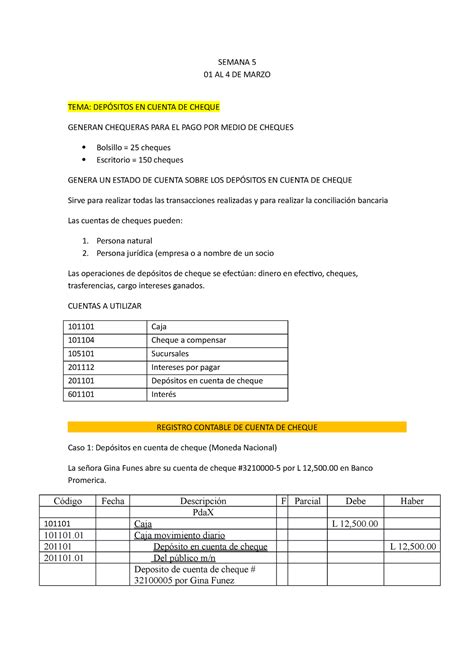 Semana Depositos En Cuenta De Cheque Semana Al De Marzo Tema