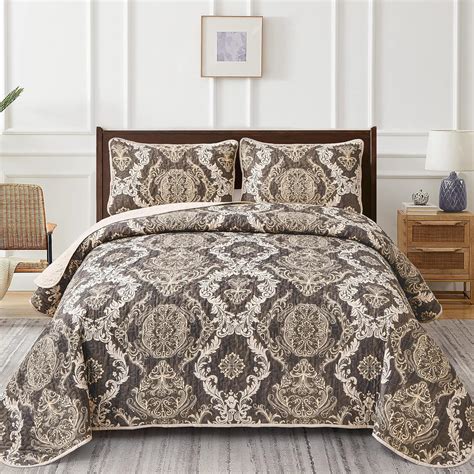 Amazon Dobuyly Brown Quilt Set King Size 3 Pieces Boho Damask