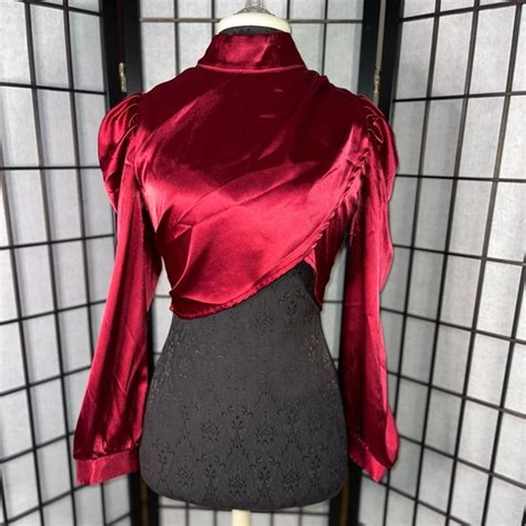 SHEIN Tops Stand Collar Puff Sleeve Crop Satin Blouse Poshmark