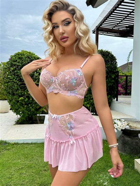 Pcs Set Women S Floral Embroidery Mesh Sexy Lingerie Set With