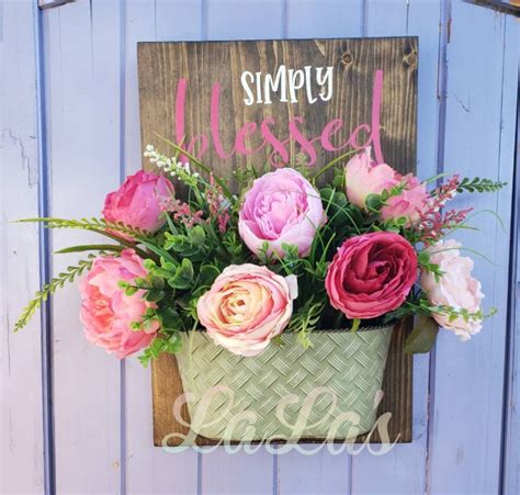 Simply Blessed Wood Sign With Flowers Floral Wall Pocket Pink Fuschia