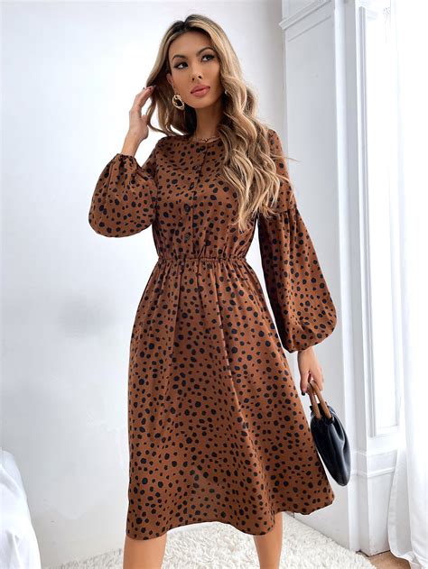 Round Neck Button Front Long Sleeve Cheetah Print Dress for Women ...