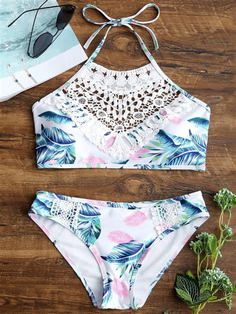 Just Buy Lace Appliques Leaves Print Bikini Set Online Shopping