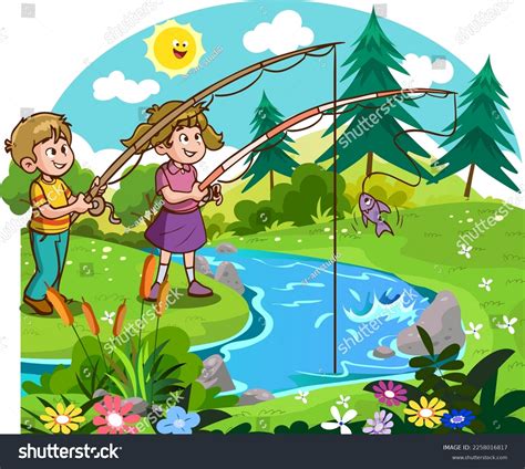 Doodle Kids Fishing River Illustration Cartoon Stock Vector (Royalty ...